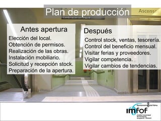 Plan de producción Elección del local. Obtención de permisos. Realización de las obras. Instalación mobiliario. Solicitud y recepción stock. Preparación de la apertura. Control stock, ventas, tesorería. Control del beneficio mensual. Visitar ferias y proveedores. Vigilar competencia. Vigilar cambios de tendencias. Antes apertura Después 