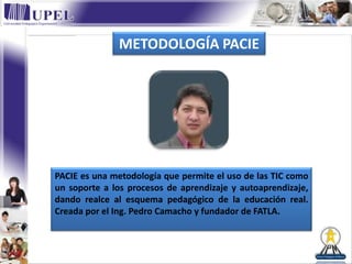 METODOLOGÍA PACIE




PACIE es una metodología que permite el uso de las TIC como
un soporte a los procesos de aprendizaje y autoaprendizaje,
dando realce al esquema pedagógico de la educación real.
Creada por el Ing. Pedro Camacho y fundador de FATLA.
 
