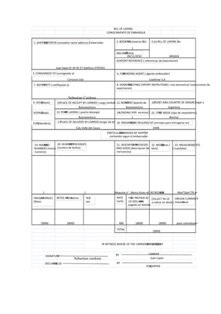 BILL OF LADING
CONOCIMIENTO DE EMBARQUE
Juan lopez Kr 34 45 57 telefono 3745932
1
09/11/2010 ARG654
Cartonal Ltda Codelmar S.A.
Sebastian Cardona
Buenaventura
1
Argentina
Normal
DIAN
180 49m*56m*79 m1 Maquina n° , Marca Acne ref. 857853458
Buenaventura
1
Buenaventura
Cali, Valle del Cauca
18900 peso colombiano
18900
900
Sebastian cardona Juan Lopez
1800018900 18000
1. SHIPPER/EXPORTER (complete name address) Embarcador 3. BOOKINGNo (reserva No)
3(b) DATE(fecha)
4.EXPORT REFERENCE ( referencias de exportacion)
3 (a) BILL OF LADING No.
5. CONSIGNEED TO (consignado a) 6. FORWARDING AGENT ( agente embacador)
7. NOTIFYPARTY ( notifiquese a) 8. DOMESTICROUTING/ EXPORT INSTRUTIONS ( ruta domestica/ instrucciones de
exportacion)
9. VESSEL( nave)
VOYAGE(viaje)
FLAG( bandera)
10.PLACE OF RECEIPT BY CARRIER ( carga recibida en)
13. PORTOF LADING ( puerto decarga)
17.PLACE OF DELIVERY BY CARRIER (lurgar de entrega de la
11. REALYPOINT (puerto de
14.LOADING PIER terminal /
12.POINT AND COUNTRY OF ORIGIN (lugar y
15. TYPEOF MOVE (tipo de movimiento)
18. ORIGINALSTO BE RELEASED AT (orinales para entregarse en)
PARTICULARSFURNISHED BY SHIPPER
contenido segun el embarcador
19. MARKSAND
NUMBERS (marcas y
numeros)
20. NUMBERSOF PACKAGES
(numero de bultos)
21. DESCRIPTIONOF PACKEGES
AND GOOD (descripcion de
mercancias)
22. WEIGH(libras /
kilos)
23. MEASUREMENTS
( maedidas)
FREIGHTCHARGES
(flete)
RETED AS-fletebasico PER
por
RATE
tarifa
TOBE PREPAID IN
US DOLLARS-pre
pagado en dolares
COLLECT IN US
a cobrar en dolares
OREIGN CURRENCY
monedalocal
TOTAL
IN WITNESS WHERE OF THE CARRIER BY ITS AGENTHAS SIGNED
SIGNATURE BY CARRIER
DECLAREDVALUE BY
FORSHIPPER
 