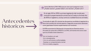 Antecedentes
historicos
Jeremy Bentham (1748–1832) puso en claro que la pregunta no era:
¿Pueden razonar?, ¿pueden hablar?, sino más bien: ¿Pueden sufrir?
En el siglo XIX en 1876 La primera legislación del mundo para
controlar la experimentación animal fue la Cruelty to Animals Act
de 1876 en Inglaterra, una ley contra la crueldad hacia los animales.
Ya entrado el siglo XX, durante las dos guerras mundiales la legislación a
favor de la protección animal pasaron a segundo ya que tanto alemanes
como japoneses hicieron experimentos con humanos.
En1978 se proclamó la Declaración Universal de los Derechos de los
Animales por parte de la UNESCO y la ONU, afirmando entre otras cosas
que los animales tienen derecho a:
Vivir sin hambre y sin sed.
.Vivir cómodamente.
• Vivir sin sufrimiento y enfermedades.
. Expresar un comportamiento normal.
•Vivir sin miedo y angustia.
 