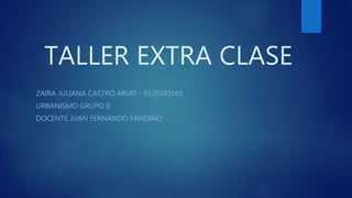 TALLER EXTRA CLASE
ZAIRA JULIANA CASTRO ARIAS - 6120181060
URBANISMO GRUPO II
DOCENTE JUAN FERNANDO FANDIÑO
 