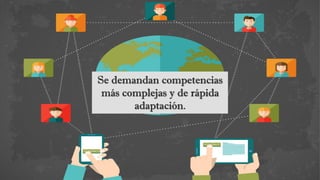 Teorías del aprendizaje
Conductismo
Alumno pasivo, solo
responde a estímulos
externos
Cognitivismo
El alumno es visto
como un procesador de
información
Constructivismo
El alumno construye el
conocimiento basado
en su experiencia
personal
Conectivismo
Aprendizaje a través de
redes de conocimiento
“Conectivismo: Una
Teoría del Aprendizaje
para la Era Digital” por
George Siemens
Se demandan competencias
más complejas y de rápida
adaptación.
 