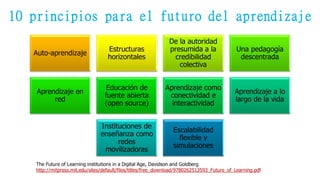Auto-aprendizaje
Estructuras
horizontales
De la autoridad
presumida a la
credibilidad
colectiva
Una pedagogía
descentrada
Aprendizaje en
red
Educación de
fuente abierta
(open source)
Aprendizaje como
conectividad e
interactividad
Aprendizaje a lo
largo de la vida
Instituciones de
enseñanza como
redes
movilizadoras
Escalabilidad
flexible y
simulaciones
The Future of Learning institutions in a Digital Age, Davidson and Goldberg
http://mitpress.mit.edu/sites/default/files/titles/free_download/9780262513593_Future_of_Learning.pdf
10 principios para el futuro del aprendizaje
 