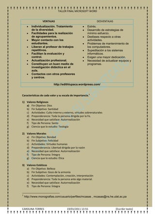 TALLER FINAL MICROSOFT WORD


                 VENTAJAS                                      DESVENTAJAS
         Individualización. Tratamiento                 Estrés.
         de la diversidad.                              Desarrollo de estrategias de
         Facilidades para la realización                mínimo esfuerzo.
         de agrupamientos.                              Desfases respecto a otras
         Mayor contacto con los                         actividades.
         estudiantes.                                   Problemas de mantenimiento de
         Liberan al profesor de trabajos                los computadores.
         repetitivos.                                   Supeditación a los sistemas
         Facilitan la evaluación y                      informáticos.
         control.                                       Exigen una mayor dedicación.
         Actualización profesional.                     Necesidad de actualizar equipos y
         Constituyen un buen medio de                   programas.
         investigación didáctica en el
         aula.
         Contactos con otros profesores
         y centros.

                           http://edithlupaca.wordpress.com/


Características de cada valor y su escala de importancia.1

1) Valores Religiosos
   a) Fin Objetivo: Dios
   b) Fin Subjetivo: Santidad
   c) Actividades: Culto interno y externo, virtudes sobrenaturales
   d) Preponderancia: Toda la persona dirigida por la Fe.
   e) Necesidad que satisface: Autorrealización
   f) Tipo de Persona: Santo
   g) Ciencia que lo estudio: Teología

2) Valores Morales
   a) Fin Objetivo: Bondad
   b) Fin Subjetivo: Felicidad
   c) Actividades: Virtudes humanas
   d) Preponderancia: Libertad dirigida por la razón
   e) Necesidad que satisface: Autorrealización
   f) Tipo de Persona: Íntegra
   g) Ciencia que lo estudio: Ética

3) Valores Estéticos
   a) Fin Objetivo: Belleza
   b) Fin Subjetivo: Gozo de la armonía
   c) Actividades: Contemplación, creación, interpretación
   d) Preponderancia: Toda la persona ante algo material.
   e) Necesidad que satisface: Autorrealización
   f) Tipo de Persona: Íntegra


1
    http://www.monografias.com/usuario/perfiles/mcasas , mcasas@ns.he.ulat.ac.pa



CAROLINA TORRES                       19/01/2011 13:55                       [Escribir texto]
 