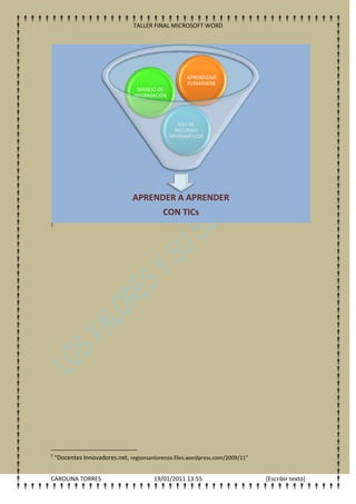 TALLER FINAL MICROSOFT WORD




                                                     APRENDIZAJE
                                                     PERMANENE
                                   MANEJO DE
                                 INFORMACIÓN




                                                  USO DE
                                                 RECURSOS
                                               INFORMÁTICOS




                                 APRENDER A APRENDER
                                            CON TICs
2




2
    “Docentes Innovadores.net, regionsanlorenzo.files.wordpress.com/2009/11”


CAROLINA TORRES                          19/01/2011 13:55                      [Escribir texto]
 