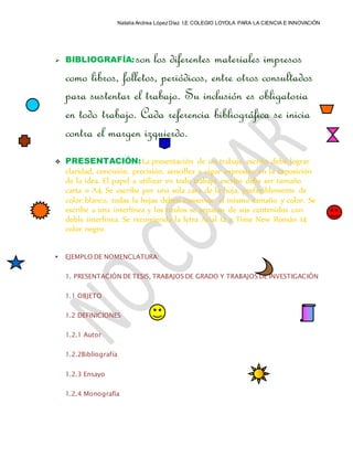 Natalia Andrea López Díaz I.E COLEGIO LOYOLA PARA LA CIENCIA E INNOVACIÓN
 BIBLIOGRAFÍA:son los diferentes materiales impresos
como libros, folletos, periódicos, entre otros consultados
para sustentar el trabajo. Su inclusión es obligatoria
en todo trabajo. Cada referencia bibliográfica se inicia
contra el margen izquierdo.
 PRESENTACIÓN:La presentación de un trabajo escrito debe lograr
claridad, concisión, precisión, sencillez y vigor expresivo en la exposición
de la idea. El papel a utilizar en todo trabajo escrito debe ser tamaño
carta o A4, Se escribe por una sola cara de la hoja, preferiblemente de
color blanco, todas la hojas deben conservar el mismo tamaño y color. Se
escribe a una interlínea y los títulos se separan de sus contenidos con
doble interlínea. Se recomienda la letra Arial 12 o Time New Román 14
color negro.
 EJEMPLO DE NOMENCLATURA:
1. PRESENTACIÓN DE TESIS, TRABAJOS DE GRADO Y TRABAJOS DE INVESTIGACIÓN
1.1 OBJETO
1.2 DEFINICIONES
1.2.1 Autor
1.2.2Bibliografía
1.2.3 Ensayo
1.2.4 Monografía
 