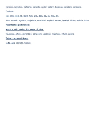 narrador, narradora, traficante, cantante, cantor, bailarín, bailarina, panadero, panadera.
Cualidad:
-az, -ería, -eza, -ía, -idad, -tud, -ura, -dad, -ez, -ía, -icia, -or.
vivaz, tontería, agudeza, majadería, tenacidad, amplitud, tersura, bondad, idiotez, malicia, dulzor
Parentesto o pertenencia:
-esco, -í, -icio, -estre, -ico, -iego, -il, -ino:
novelesco, alfonsí, alimenticio, campestre, volcánico, mujeriego, infantil, canino.
Golpe o acción violenta:
-ada, -azo pedrada, mazazo.
 