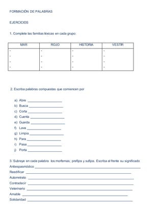 FORMACIÓN DE PALABRAS
EJERCICIOS
1. Complete las familias léxicas en cada grupo:
MAR ROJO HISTORIA VESTIR
-
-
-
-
-
-
-
-
-
-
-
-
-
-
-
-
2. Escriba palabras compuestas que comiencen por
a) Abre ___________________
b) Busca ___________________
c) Corta ___________________
d) Cuenta ___________________
e) Guarda ___________________
f) Lava ___________________
g) Limpia ___________________
h) Para ___________________
i) Pasa ___________________
j) Porta ___________________
3. Subraye en cada palabra los morfemas; prefijos y sufijos. Escriba al frente su significado
Antiespasmódico ___________________________________________________________
Reedificar ___________________________________________________________
Autorretrato ___________________________________________________________
Contradecir ___________________________________________________________
Veterinario ___________________________________________________________
Amable ___________________________________________________________
Solidaridad ___________________________________________________________
 