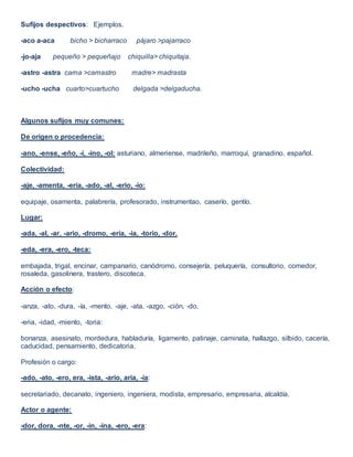 Sufijos despectivos: Ejemplos.
-aco a-aca bicho > bicharraco pájaro >pajarraco
-jo-aja pequeño > pequeñajo chiquilla> chiquitaja.
-astro -astra cama >camastro madre> madrasta
-ucho -ucha cuarto>cuartucho delgada >delgaducha.
Algunos sufijos muy comunes:
De origen o procedencia:
-ano, -ense, -eño, -í, -ino, -ol: asturiano, almeriense, madrileño, marroquí, granadino, español.
Colectividad:
-aje, -amenta, -ería, -ado, -al, -erio, -ío:
equipaje, osamenta, palabrería, profesorado, instrumentao, caserío, gentío.
Lugar:
-ada, -al, -ar, -ario, -dromo, -ería, -ia, -torio, -dor,
-eda, -era, -ero, -teca:
embajada, trigal, encinar, campanario, canódromo, consejería, peluquería, consultorio, comedor,
rosaleda, gasolinera, trastero, discoteca.
Acción o efecto:
-anza, -ato, -dura, -ía, -mento, -aje, -ata, -azgo, -ción, -do,
-eria, -idad, -miento, -toria:
bonanza, asesinato, mordedura, habladuría, ligamento, patinaje, caminata, hallazgo, silbido, cacería,
caducidad, pensamiento, dedicatoria.
Profesión o cargo:
-ado, -ato, -ero, era, -ista, -ario, aria, -ía:
secretariado, decanato, ingeniero, ingeniera, modista, empresario, empresaria, alcaldía.
Actor o agente:
-dor, dora, -nte, -or, -in, -ina, -ero, -era:
 