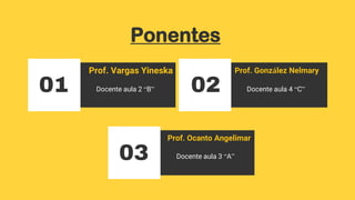Prof. Vargas Yineska Prof. González Nelmary
Prof. Ocanto Angelimar
Ponentes
01
03
02
Docente aula 2 “B” Docente aula 4 “C”...