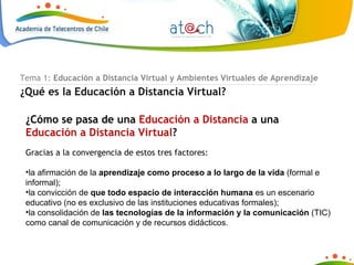Tema 1:  Educación a Distancia Virtual y Ambientes Virtuales de Aprendizaje ¿Qué es la Educación a Distancia Virtual? ¿Cómo se pasa de una  Educación a Distancia  a una  Educación a Distancia Virtual ? Gracias a la convergencia de estos tres factores: la afirmación de la  aprendizaje como proceso a lo largo de la vida  (formal e informal); la convicción de  que todo espacio de interacción humana  es un escenario educativo (no es exclusivo de las instituciones educativas formales); la consolidación de  las tecnologías de la información y la comunicación  (TIC) como canal de comunicación y de recursos didácticos. 
