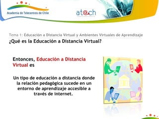 Tema 1:  Educación a Distancia Virtual y Ambientes Virtuales de Aprendizaje ¿Qué es la Educación a Distancia Virtual? Entonces,  Educación a Distancia Virtual  es Un tipo de educación a distancia donde la relación pedagógica sucede en un entorno de aprendizaje accesible a través de internet.  