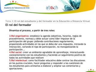 Dinamiza el proceso, a partir de tres roles: Rol organizativo : establece la agenda (objetivos, horarios, reglas de procedimiento, normas) y debe actuar como líder impulsor de la participación del grupo: pidiendo contribuciones regularmente, proponiendo actividades en las que se deba dar una respuesta, iniciando la interacción, variando el tipo de participación, no monopolizando la participación... Rol social : crear un ambiente agradable de aprendizaje, interactuando constantemente con los estudiantes y haciendo un seguimiento positivo de todas las actividades que realicen Rol intelectual : como facilitador educativo debe centrar las discusiones en los puntos cruciales, hacer preguntas y responder a las cuestiones de los estudiantes para animarlos a elaborar y ampliar sus comentarios y aportaciones. Tema 3:  El rol del estudiante y del formador en la Educación a Distancia Virtual El rol del formador 