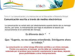 Tema 4:  La comunicación y la interacción en la Educación a Distancia Virtual Comunicación escrita a través de medios electrónicos La comunicación no verbal está casi absolutamente ausente dentro de un mensaje escrito, por tanto, la interpretación que haga el estudiante se basará casi exclusivamente en el contenido del mensaje. Es diferente decir “  ” Que: “Eugenio, no nos estamos entendiendo. Entrégueme ahora su trabajo.” La comunicación no verbal otorga diferentes sentidos a un mismo mensaje.  Frente a su ausencia, el mensaje  escrito debe ser cuidadosamente  redactado por el profesor para transmitir exactamente lo que desea, dejando pocas posibilidades a otras interpretaciones. - Hay roles claramente estipulados: docentes, estudiantes, administradores, asesores técnicos, directivos; cada uno de ellos requiere un enunciado adecuado a las competencias que les son propias. - Los mensajes comienzan con un tono formal que, en ocasiones, se vuelve más coloquial. - El emisor intenta hacer visibles en el texto las competencias paralingüísticas a partir el empleo de subrayados, bastardillas, negritas, emoticones, colores diferentes para el fondo o la escritura, agregado de firmas, frases, citas textuales, etc. (estado de ánimo, una duda, resaltar lo importante, etc.) Cada medio de comunicación posee un sistema simbólico o lenguaje tecnológico a partir del que se representan y estructuran sus mensajes. Los estudiantes deben activar distintas estrategias y operaciones cognitivas para poder hacer una lectura eficaz de este lenguaje, y comprender, de esta manera la información que ellos transmiten. La transmisón de información o conocimiento a través del correo electrónico se ve afectada por el lenguaje o representación simbólica que el medio utiliza, de manera tal que el estudiante debe activar un proceso que le permita entender el código simbólico o lenguaje del medio transmisor así como también la información que este le está transmitiendo para incorporarla como un nuevo conocimiento al cual le ha atribuido sus propias significaciones. 