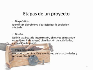 Etapas de un proyecto
• Diagnóstico
Identificar el problema y caracterizar la población
afectada
• Diseño.
Definir las áreas de intervención, objetivos generales y
específicos, indicadores, planificación de actividades,
estimación de gastos.
• Implementación.
ejecución, coordinación y monitoreo de las actividades y
recursos planificados
10
 
