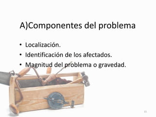 A)Componentes del problema
• Localización.
• Identificación de los afectados.
• Magnitud del problema o gravedad.
15
 