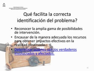 Qué facilita la correcta
identificación del problema?
• Reconocer la amplia gama de posibilidades
de intervención.
• Encausar de la manera adecuada los recursos
para obtener impactos efectivos en la
realidad observada.
• Determinar quienes son los verdaderos
involucrados y afectados.
22
UNIVERSIDAD DE CHILE
VICERRECTORÍA DE ASUNTOS ACADÉMICOS
DIRECCIÓN DE BIENESTAR ESTUDIANTIL
 
