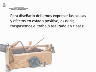 Para diseñarlo debemos expresar las causas
y efectos en estado positivo, es decir,
traspasemos el trabajo realizado en clases:
41
UNIVERSIDAD DE CHILE
VICERRECTORÍA DE ASUNTOS ACADÉMICOS
DIRECCIÓN DE BIENESTAR ESTUDIANTIL
 