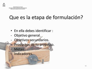 Que es la etapa de formulación?
• En ella debes identificar :
- Objetivo general.
- Objetivos secundarios.
- Productos de tu proyecto.
- Metas .
- Indicadores.
50
UNIVERSIDAD DE CHILE
VICERRECTORÍA DE ASUNTOS ACADÉMICOS
DIRECCIÓN DE BIENESTAR ESTUDIANTIL
 