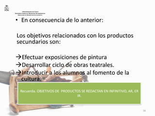 • En consecuencia de lo anterior:
Los objetivos relacionados con los productos
secundarios son:
Efectuar exposiciones de pintura
Desarrollar ciclo de obras teatrales.
Introducir a los alumnos al fomento de la
cultura.
58
UNIVERSIDAD DE CHILE
VICERRECTORÍA DE ASUNTOS ACADÉMICOS
DIRECCIÓN DE BIENESTAR ESTUDIANTIL
Recuerda. OBJETIVOS DE PRODUCTOS SE REDACTAN EN INFINITIVO, AR, ER
IR.
 