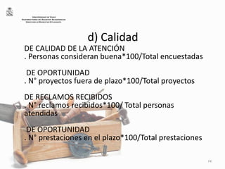 d) Calidad
DE CALIDAD DE LA ATENCIÓN
. Personas consideran buena*100/Total encuestadas
DE OPORTUNIDAD
. N° proyectos fuera de plazo*100/Total proyectos
DE RECLAMOS RECIBIDOS
. N° reclamos recibidos*100/ Total personas
atendidas
DE OPORTUNIDAD
. N° prestaciones en el plazo*100/Total prestaciones
74
UNIVERSIDAD DE CHILE
VICERRECTORÍA DE ASUNTOS ACADÉMICOS
DIRECCIÓN DE BIENESTAR ESTUDIANTIL
 