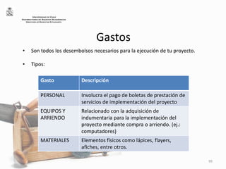 Gastos
• Son todos los desembolsos necesarios para la ejecución de tu proyecto.
• Tipos:
99
UNIVERSIDAD DE CHILE
VICERRECTORÍA DE ASUNTOS ACADÉMICOS
DIRECCIÓN DE BIENESTAR ESTUDIANTIL
Gasto Descripción
PERSONAL Involucra el pago de boletas de prestación de
servicios de implementación del proyecto
EQUIPOS Y
ARRIENDO
Relacionado con la adquisición de
indumentaria para la implementación del
proyecto mediante compra o arriendo. (ej.:
computadores)
MATERIALES Elementos físicos como lápices, flayers,
afiches, entre otros.
 