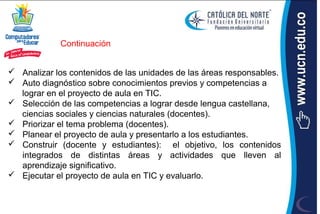 Continuación


 Analizar los contenidos de las unidades de las áreas responsables.
 Auto diagnóstico sobre conocimientos previos y competencias a
  lograr en el proyecto de aula en TIC.
 Selección de las competencias a lograr desde lengua castellana,
  ciencias sociales y ciencias naturales (docentes).
 Priorizar el tema problema (docentes).
 Planear el proyecto de aula y presentarlo a los estudiantes.
 Construir (docente y estudiantes): el objetivo, los contenidos
  integrados de distintas áreas y actividades que lleven al
  aprendizaje significativo.
 Ejecutar el proyecto de aula en TIC y evaluarlo.
 