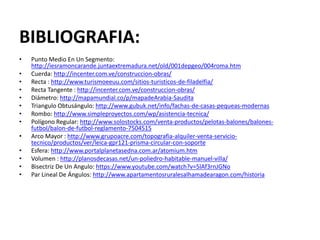 BIBLIOGRAFIA:
• Punto Medio En Un Segmento:
http://iesramoncarande.juntaextremadura.net/old/001depgeo/004roma.htm
• Cuerda: http://incenter.com.ve/construccion-obras/
• Recta : http://www.turismoeeuu.com/sitios-turisticos-de-filadelfia/
• Recta Tangente : http://incenter.com.ve/construccion-obras/
• Diámetro: http://mapamundial.co/p/mapadeArabia-Saudita
• Triangulo Obtusángulo: http://www.gubuk.net/info/fachas-de-casas-pequeas-modernas
• Rombo: http://www.simpleproyectos.com/wp/asistencia-tecnica/
• Polígono Regular: http://www.solostocks.com/venta-productos/pelotas-balones/balones-
futbol/balon-de-futbol-reglamento-7504515
• Arco Mayor : http://www.grupoacre.com/topografia-alquiler-venta-servicio-
tecnico/productos/ver/leica-gpr121-prisma-circular-con-soporte
• Esfera: http://www.portalplanetasedna.com.ar/atomium.htm
• Volumen : http://planosdecasas.net/un-poliedro-habitable-manuel-villa/
• Bisectriz De Un Angulo: https://www.youtube.com/watch?v=5lAf3rnJGNo
• Par Lineal De Ángulos: http://www.apartamentosruralesalhamadearagon.com/historia
 