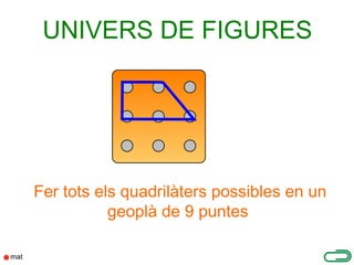 UNIVERS DE FIGURES




Fer tots els quadrilàters possibles en un
           geoplà de 9 puntes
 