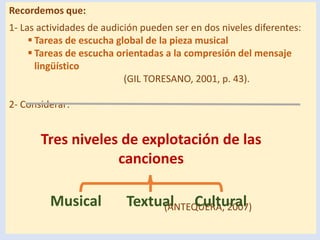Recordemos que:
1- Las actividades de audición pueden ser en dos niveles diferentes:
 Tareas de escucha global de la pieza musical
 Tareas de escucha orientadas a la compresión del mensaje
lingüístico
(GIL TORESANO, 2001, p. 43).
2- Considerar:
(ANTEQUERA, 2007)
Tres niveles de explotación de las
canciones
Musical Textual Cultural
 
