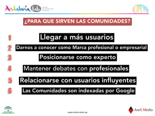 www.andalucialab.org
Llegar a más usuarios1
Darnos a conocer como Marca profesional o empresarial2
3 Posicionarse como experto
Mantener debates con profesionales4
Relacionarse con usuarios influyentes5
Las Comunidades son indexadas por Google6
¿PARA QUE SIRVEN LAS COMUNIDADES?
 
