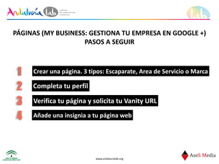 www.andalucialab.org
PÁGINAS	
  (MY	
  BUSINESS:	
  GESTIONA	
  TU	
  EMPRESA	
  EN	
  GOOGLE	
  +)	
  
PASOS	
  A	
  SEGUIR
Crear	
  una	
  página.	
  3	
  tipos:	
  Escaparate,	
  Area	
  de	
  Servicio	
  o	
  Marca1
Completa	
  tu	
  perfil2
Verifica	
  tu	
  página	
  y	
  solicita	
  tu	
  Vanity	
  URL3
Añade	
  una	
  insignia	
  a	
  tu	
  página	
  web4
 