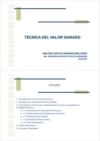 TÉCNICA DEL VALOR GANADO

WALTER CARLOS NARVAEZ MILLONES
MG. GERENCIA EN PROYECTOS DE INGENIERÍA
CIP 97501

TEMARIO

1.- Introducción a la Gerencia de Proyectos.
2.- Introducción a la Gerencia del Valor Ganado.
3.- Caso práctico: Construcción, implementación y puesta en marcha de un
Complejo Industrial.
3.1 Generación de la Línea Base del Proyecto.
3.2 Establecimiento de los indicadores de Gestión.
3.3 Cálculo del valor Ganado.
3.4 Evaluación de Proyecciones.
3.5 Toma de Decisiones
4.- Taller: Mi proyecto.
4.1 Lecciones Aprendidas.

 
