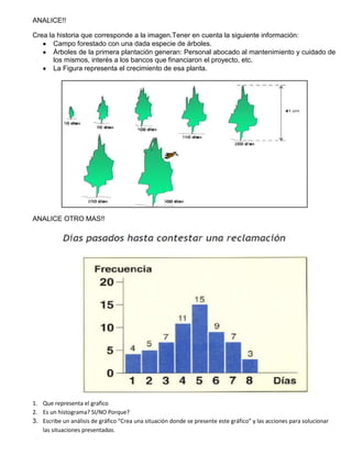 ANALICE!!

Crea la historia que corresponde a la imagen.Tener en cuenta la siguiente información:
       Campo forestado con una dada especie de árboles.
       Árboles de la primera plantación generan: Personal abocado al mantenimiento y cuidado de
       los mismos, interés a los bancos que financiaron el proyecto, etc.
       La Figura representa el crecimiento de esa planta.




ANALICE OTRO MAS!!




1. Que representa el grafico
2. Es un histograma? SI/NO Porque?
3. Escribe un análisis de gráfico “Crea una situación donde se presente este gráfico” y las acciones para solucionar
   las situaciones presentadas.
 