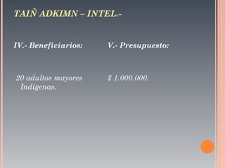 TAIÑ ADKIMN – INTEL.-  IV.- Beneficiarios: 20 adultos mayores Indígenas. V.- Presupuesto:  $ 1.000.000. 