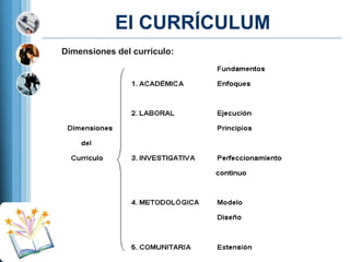 El CURRÍCULUM
Dimensiones del currículo:

 
