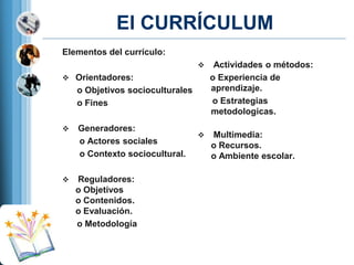 El CURRÍCULUM
Elementos del currículo:


Actividades o métodos:
o Experiencia de
aprendizaje.
o Estrategias
metodologicas.



Multimedia:
o Recursos.
o Ambiente escolar.

 Orientadores:

o Objetivos socioculturales
o Fines




Generadores:
o Actores sociales
o Contexto sociocultural.
Reguladores:
o Objetivos
o Contenidos.
o Evaluación.
o Metodología

 