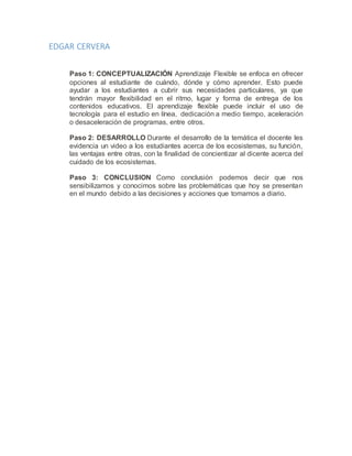 EDGAR CERVERA
Paso 1: CONCEPTUALIZACIÓN Aprendizaje Flexible se enfoca en ofrecer
opciones al estudiante de cuándo, dónde y cómo aprender. Esto puede
ayudar a los estudiantes a cubrir sus necesidades particulares, ya que
tendrán mayor flexibilidad en el ritmo, lugar y forma de entrega de los
contenidos educativos. El aprendizaje flexible puede incluir el uso de
tecnología para el estudio en línea, dedicación a medio tiempo, aceleración
o desaceleración de programas, entre otros.
Paso 2: DESARROLLO Durante el desarrollo de la temática el docente les
evidencia un video a los estudiantes acerca de los ecosistemas, su función,
las ventajas entre otras, con la finalidad de concientizar al dicente acerca del
cuidado de los ecosistemas.
Paso 3: CONCLUSION Como conclusión podemos decir que nos
sensibilizamos y conocimos sobre las problemáticas que hoy se presentan
en el mundo debido a las decisiones y acciones que tomamos a diario.
 