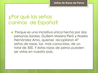 ¿Por qué las señas
caninas de España?
 Porque es una iniciativa única hecha por dos
personas Sordas: Guillem Morera Peró y Noelia
Hernández Amo, quienes recopilaron 47
señas de razas, las más conocidas, de un
total de 300. Y éstas razas de perros pueden
ser vistas en nuestro país.
Señas de Razas de Perros
 