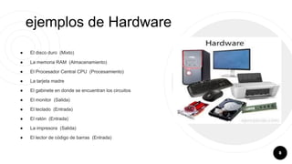 ● El disco duro (Mixto)
● La memoria RAM (Almacenamiento)
● El Procesador Central CPU (Procesamiento)
● La tarjeta madre
● El gabinete en donde se encuentran los circuitos
● El monitor (Salida)
● El teclado (Entrada)
● El ratón (Entrada)
● La impresora (Salida)
● El lector de código de barras (Entrada)
8
ejemplos de Hardware
 