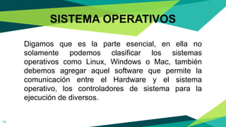 SISTEMA OPERATIVOS
14
Digamos que es la parte esencial, en ella no
solamente podemos clasificar los sistemas
operativos como Linux, Windows o Mac, también
debemos agregar aquel software que permite la
comunicación entre el Hardware y el sistema
operativo, los controladores de sistema para la
ejecución de diversos.
 