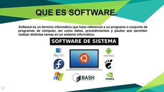 Software es un término informático que hace referencia a un programa o conjunto de
programas de cómputo, así como datos, procedimientos y pautas que permiten
realizar distintas tareas en un sistema informático.
17
QUE ES SOFTWARE.
 