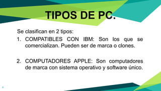TIPOS DE PC.
Se clasifican en 2 tipos:
1. COMPATIBLES CON IBM: Son los que se
comercializan. Pueden ser de marca o clones.
2. COMPUTADORES APPLE: Son computadores
de marca con sistema operativo y software único.
4
 