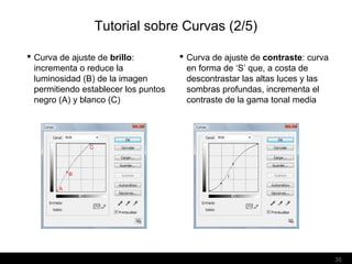 35
Tutorial sobre Curvas (2/5)
 Curva de ajuste de brillo:
incrementa o reduce la
luminosidad (B) de la imagen
permitiend...