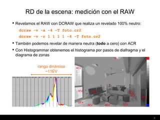 8
RD de la escena: medición con el RAW
 Revelamos el RAW con DCRAW que realiza un revelado 100% neutro:
 Con Histogramma...