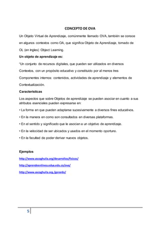 5
CONCEPTO DE OVA
Un Objeto Virtual de Aprendizaje, comúnmente llamado OVA, también se conoce
en algunos contextos como OA, que significa Objeto de Aprendizaje, tomado de
OL (en Ingles) Object Learning.
Un objeto de aprendizaje es:
“Un conjunto de recursos digitales, que pueden ser utilizados en diversos
Contextos, con un propósito educativo y constituido por al menos tres
Componentes internos: contenidos, actividades de aprendizaje y elementos de
Contextualización.
Caracteristicas
Los aspectos que sobre Objetos de aprendizaje se pueden asociar en cuanto a sus
atributos esenciales pueden expresarse en:
• La forma en que pueden adaptarse sucesivamente a diversos fines educativos.
• En la manera en como son consultados en diversas plataformas.
• En el sentido y significado que le asocian a un objetivo de aprendizaje.
• En la velocidad de ser ubicados y usados en el momento oportuno.
• En la facultad de poder derivar nuevos objetos.
Ejemplos
http://www.ascoghuila.org/desarrollos/fisicos/
http://aprendeenlinea.edua.edu.co/ova/
http://www.ascoghuila.org./gerardo/
 