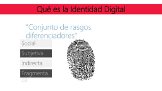 “Conjunto de rasgos
diferenciadores”
Social
Subjetiva
Indirecta
Fragmenta
da
Qué es la Identidad Digital
 