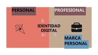 👩 👨🦱
IDENTIDAD
DIGITAL
👨🦱 👩
PROFESIONALPERSONAL
🎉 💼
MARCA
PERSONAL
 