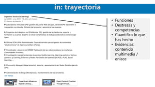• Funciones
• Destrezas y
competencias
• Cuantifica lo que
has hecho
• Evidencias:
contenido
multimedia /
enlace
in: trayectoria
 