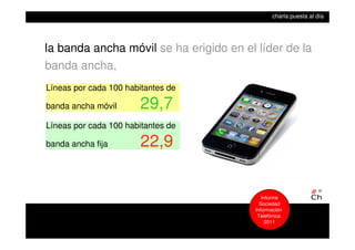 la banda ancha móvil se ha erigido en el líder de la
banda ancha,
Líneas por cada 100 habitantes de
banda ancha móvil 29,7
Líneas por cada 100 habitantes de
banda ancha fija 22,9
Informe
Sociedad
Información
Telefónica
2011
charla puesta al día
 